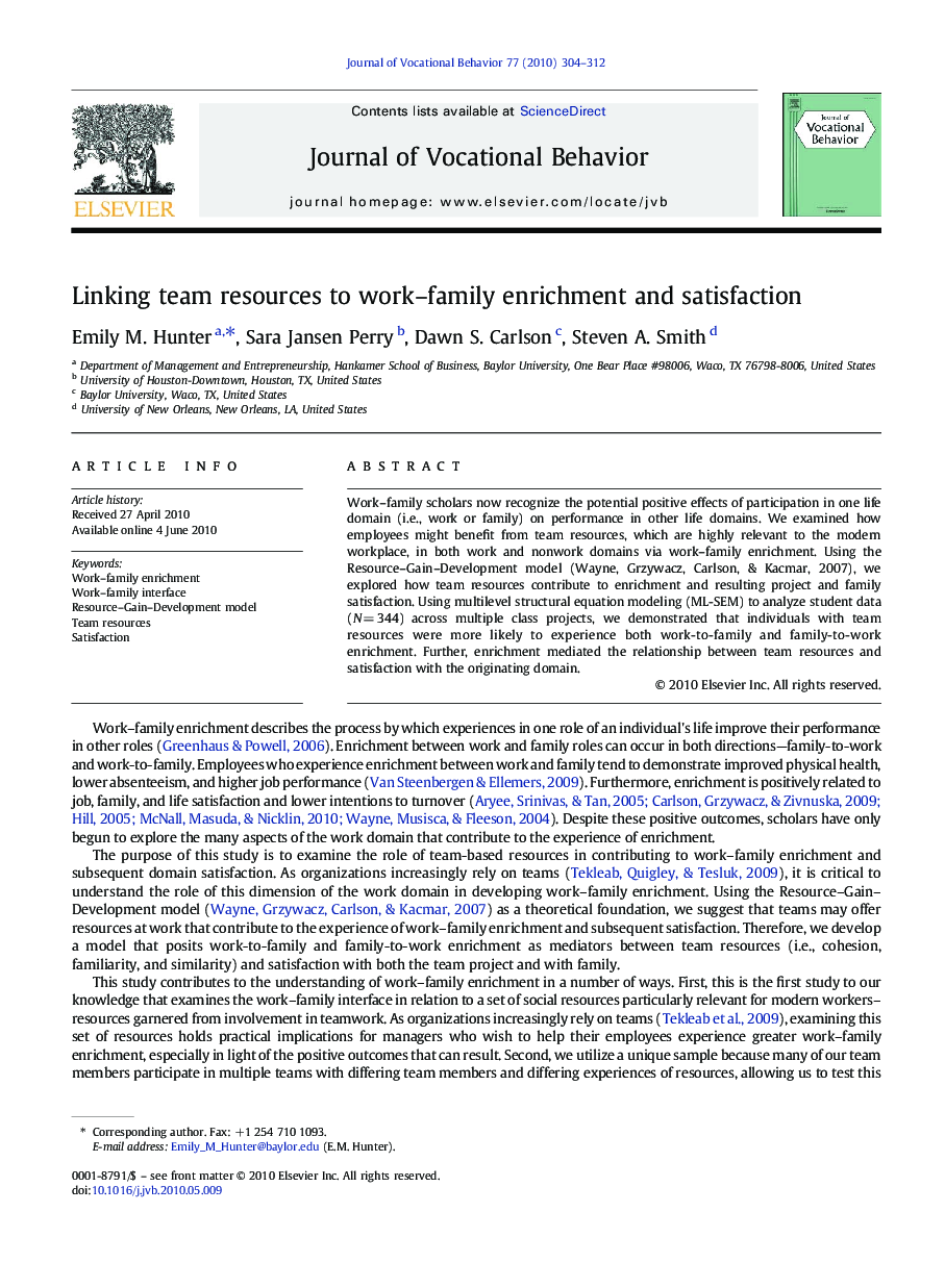 عکس صفحه اول مقاله: Linking team resources to work–family enrichment and satisfaction Linking team resources to work–family enrichment and satisfaction