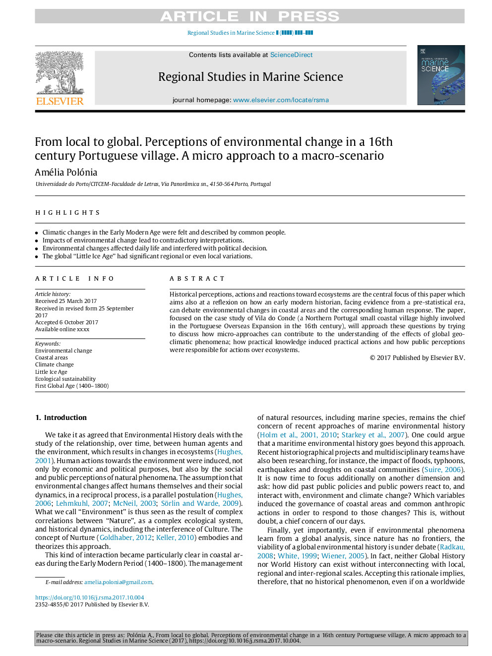 From local to global. Perceptions of environmental change in a 16th century Portuguese village. A micro approach to a macro-scenario