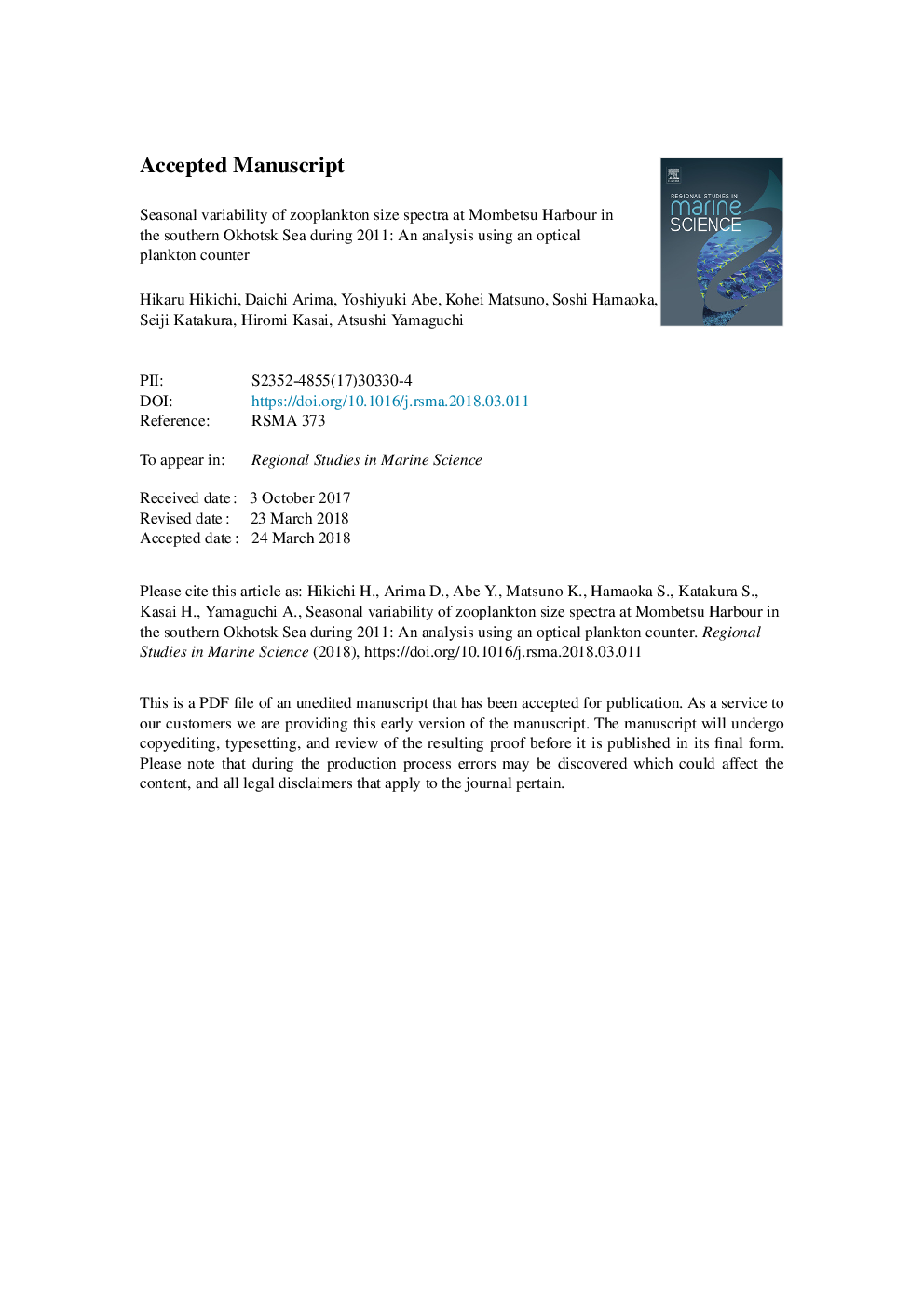 Seasonal variability of zooplankton size spectra at Mombetsu Harbour in the southern Okhotsk Sea during 2011: An analysis using an optical plankton counter