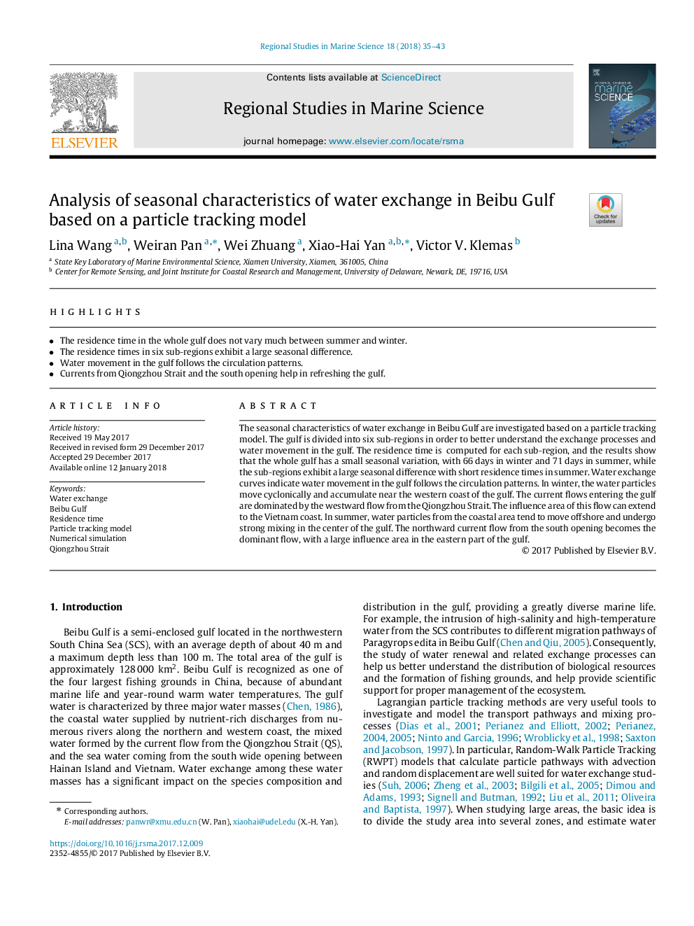 Analysis of seasonal characteristics of water exchange in Beibu Gulf based on a particle tracking model