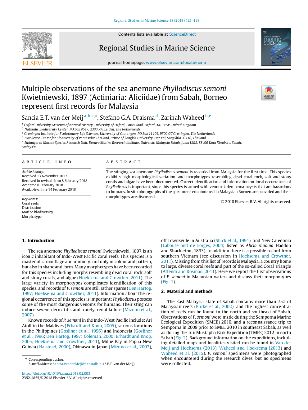 Multiple observations of the sea anemone Phyllodiscus semoni Kwietniewski, 1897 (Actiniaria: Aliciidae) from Sabah, Borneo represent first records for Malaysia