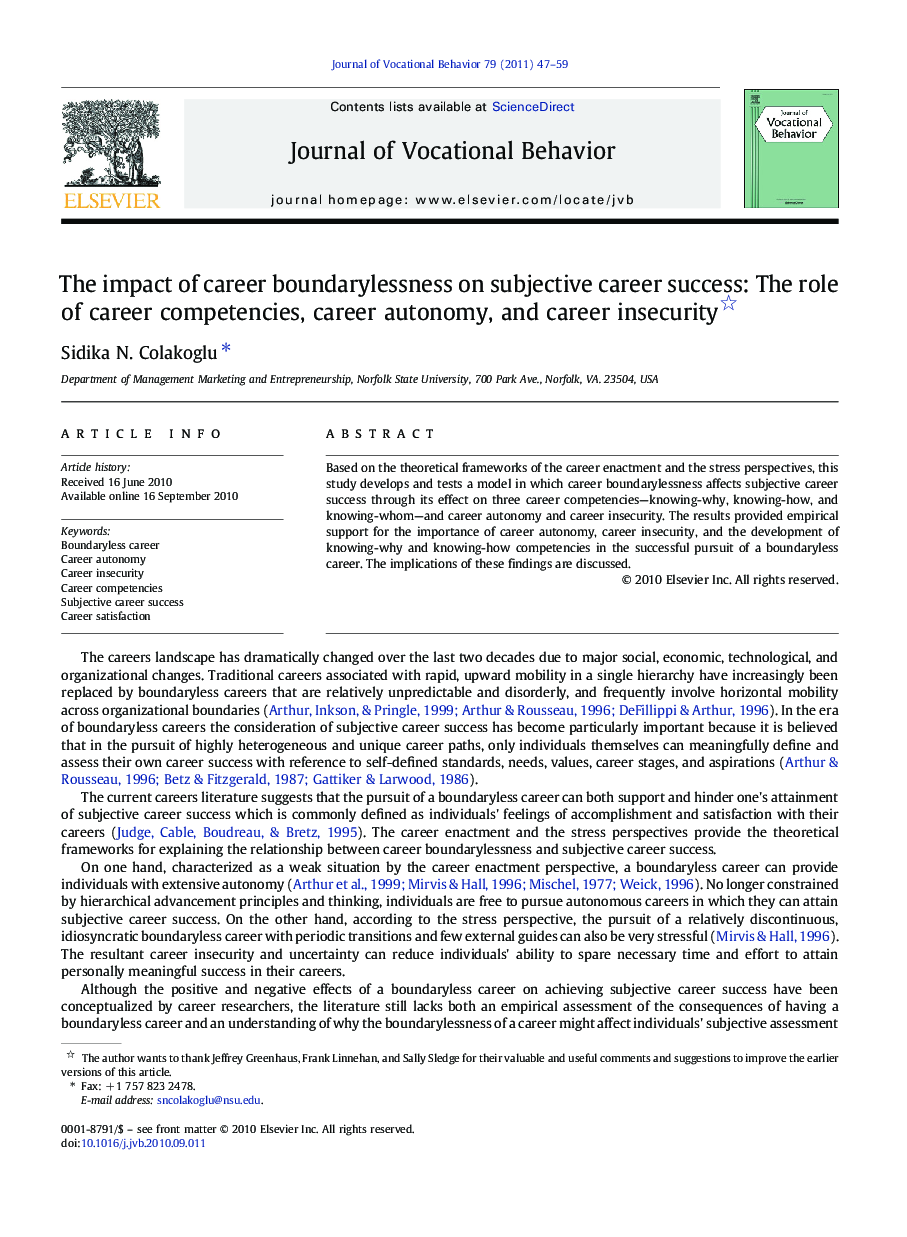 The impact of career boundarylessness on subjective career success: The role of career competencies, career autonomy, and career insecurity 