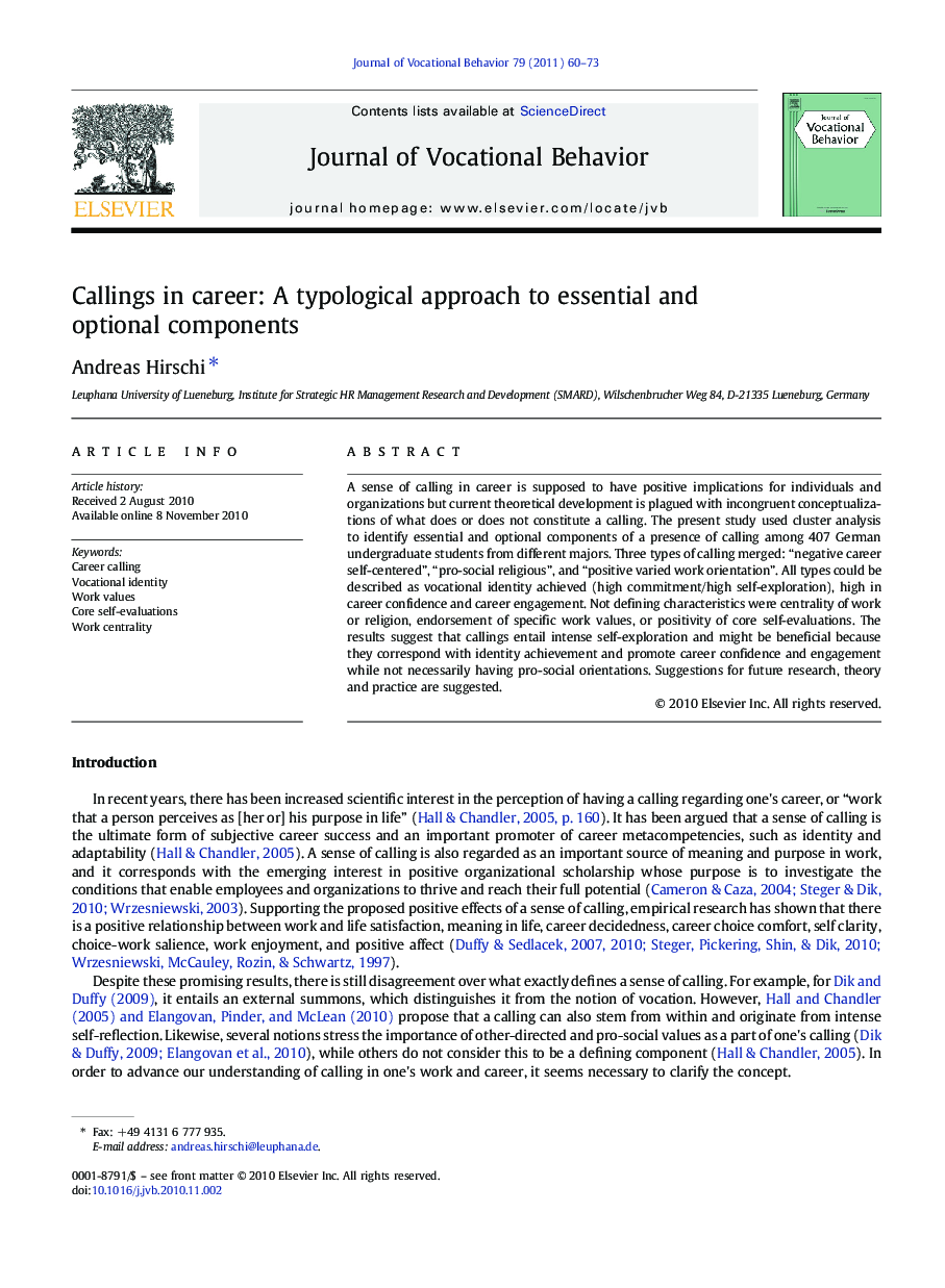 Callings in career: A typological approach to essential and optional components