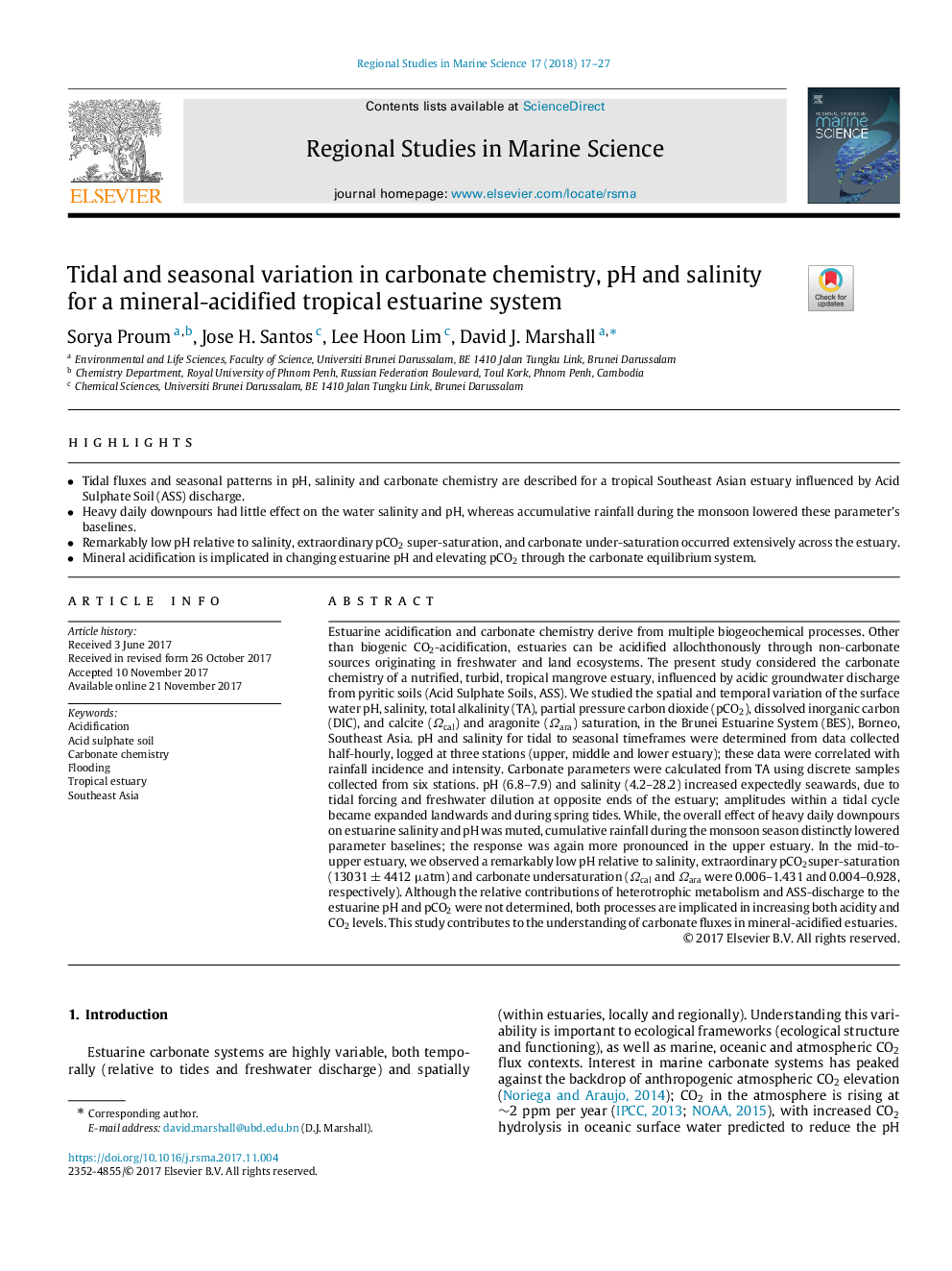 Tidal and seasonal variation in carbonate chemistry, pH and salinity for a mineral-acidified tropical estuarine system