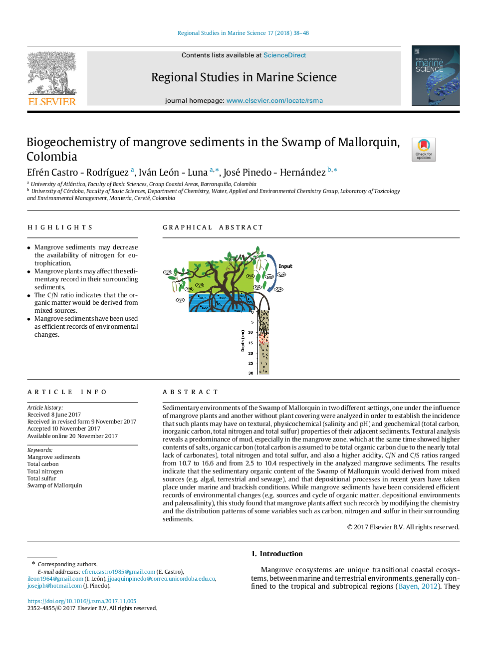 Biogeochemistry of mangrove sediments in the Swamp of Mallorquin, Colombia