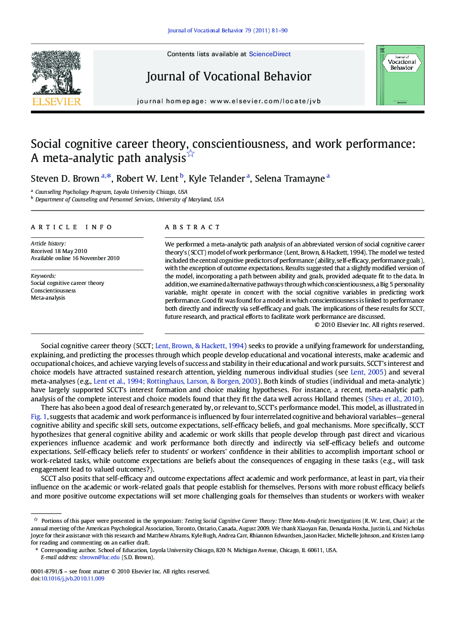 Social cognitive career theory, conscientiousness, and work performance: A meta-analytic path analysis 