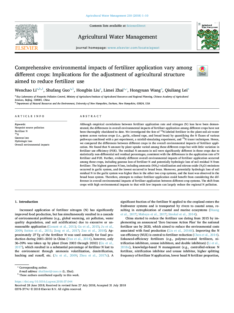 Comprehensive environmental impacts of fertilizer application vary among different crops: Implications for the adjustment of agricultural structure aimed to reduce fertilizer use