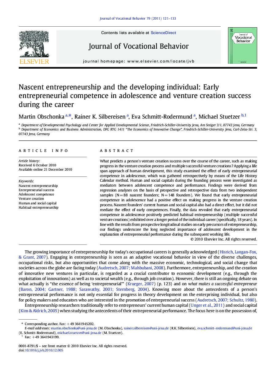 Nascent entrepreneurship and the developing individual: Early entrepreneurial competence in adolescence and venture creation success during the career