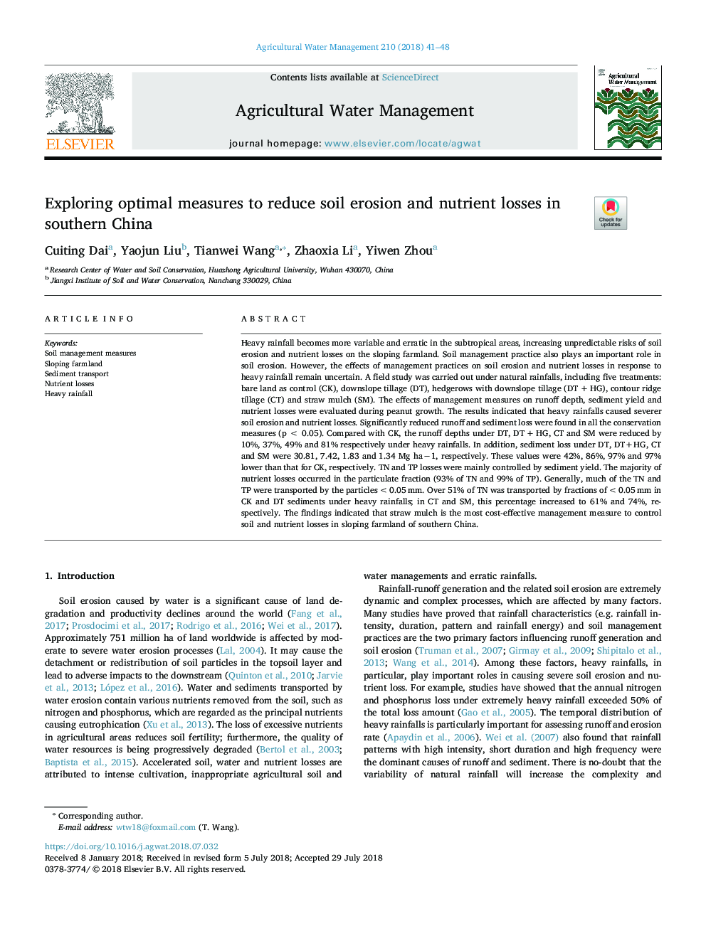 Exploring optimal measures to reduce soil erosion and nutrient losses in southern China