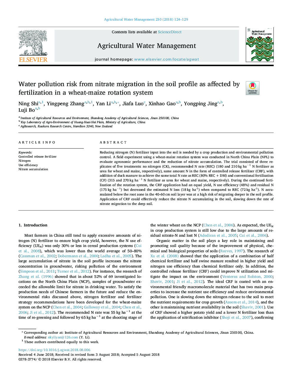 Water pollution risk from nitrate migration in the soil profile as affected by fertilization in a wheat-maize rotation system