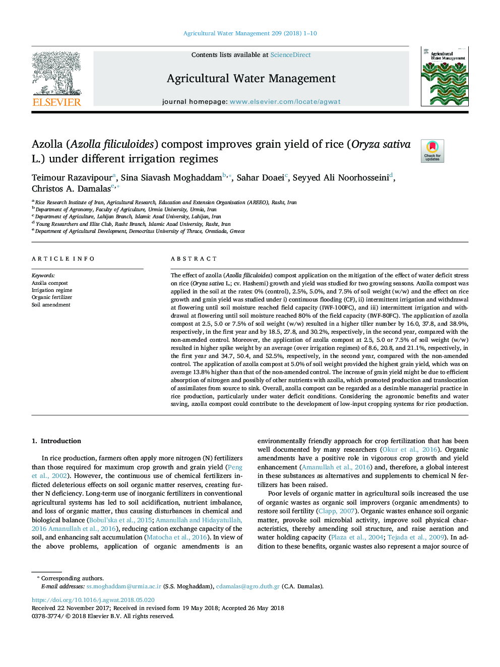 Azolla (Azolla filiculoides) compost improves grain yield of rice (Oryza sativa L.) under different irrigation regimes