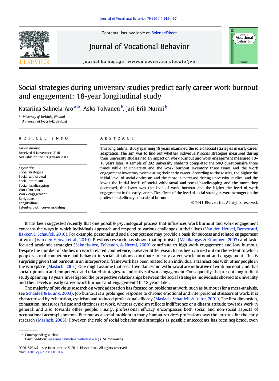 Social strategies during university studies predict early career work burnout and engagement: 18-year longitudinal study