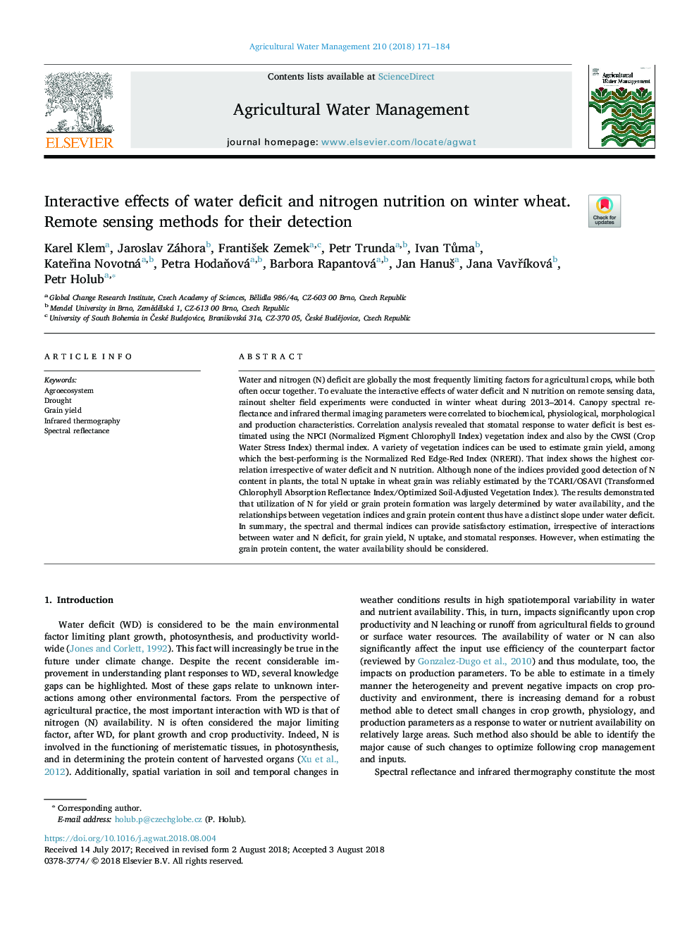 Interactive effects of water deficit and nitrogen nutrition on winter wheat. Remote sensing methods for their detection