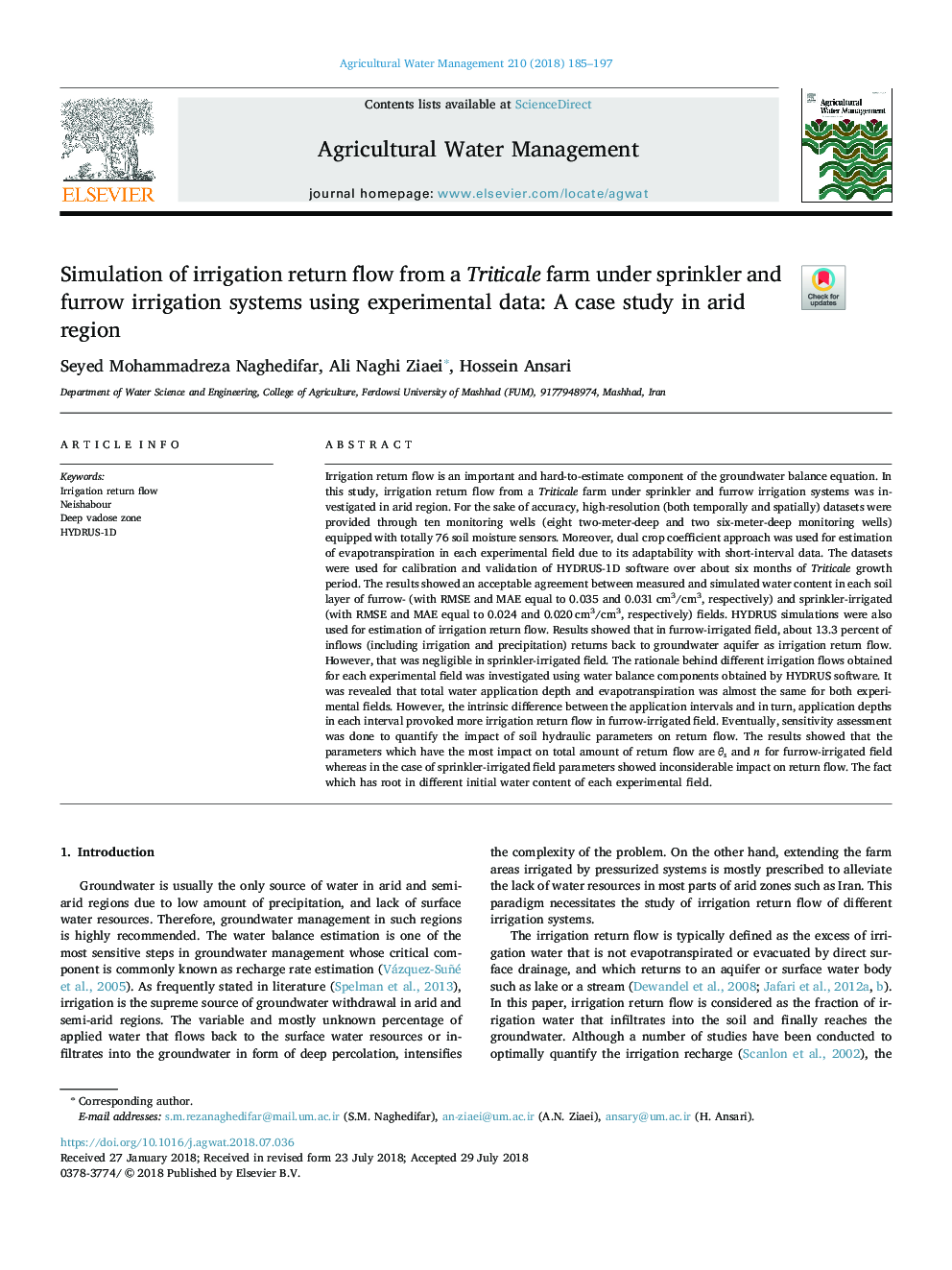 Simulation of irrigation return flow from a Triticale farm under sprinkler and furrow irrigation systems using experimental data: A case study in arid region