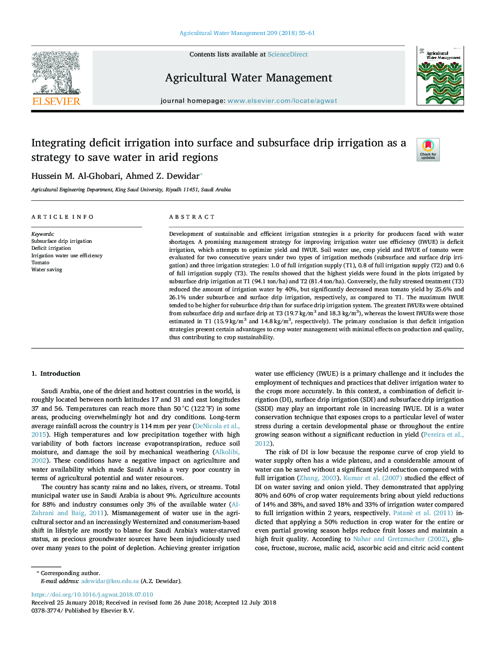 Integrating deficit irrigation into surface and subsurface drip irrigation as a strategy to save water in arid regions