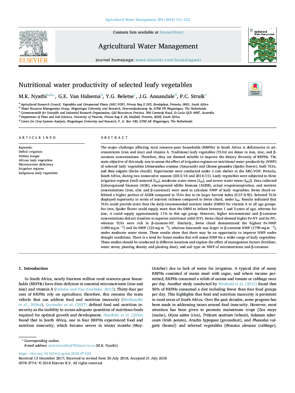 Nutritional water productivity of selected leafy vegetables