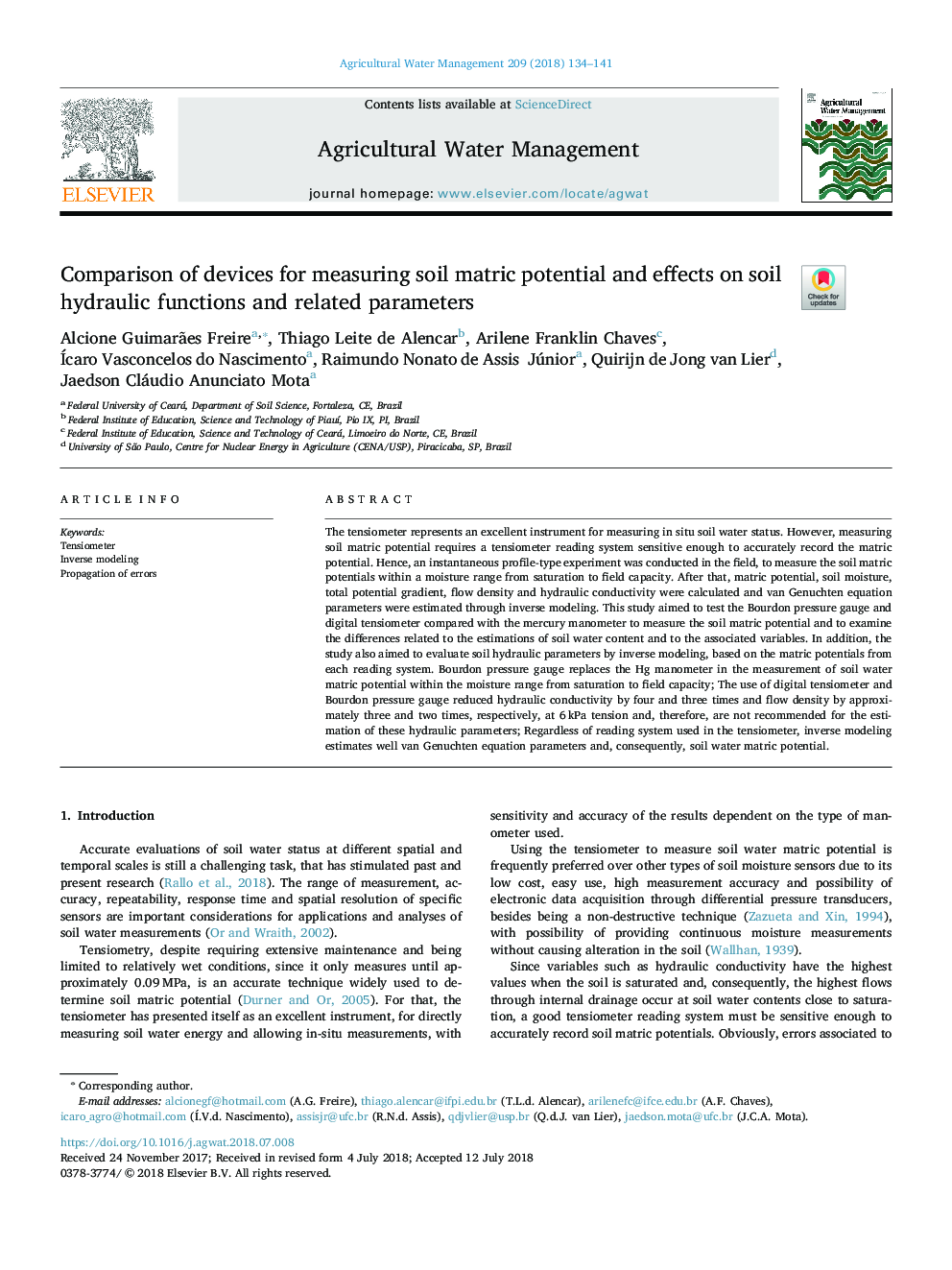 Comparison of devices for measuring soil matric potential and effects on soil hydraulic functions and related parameters