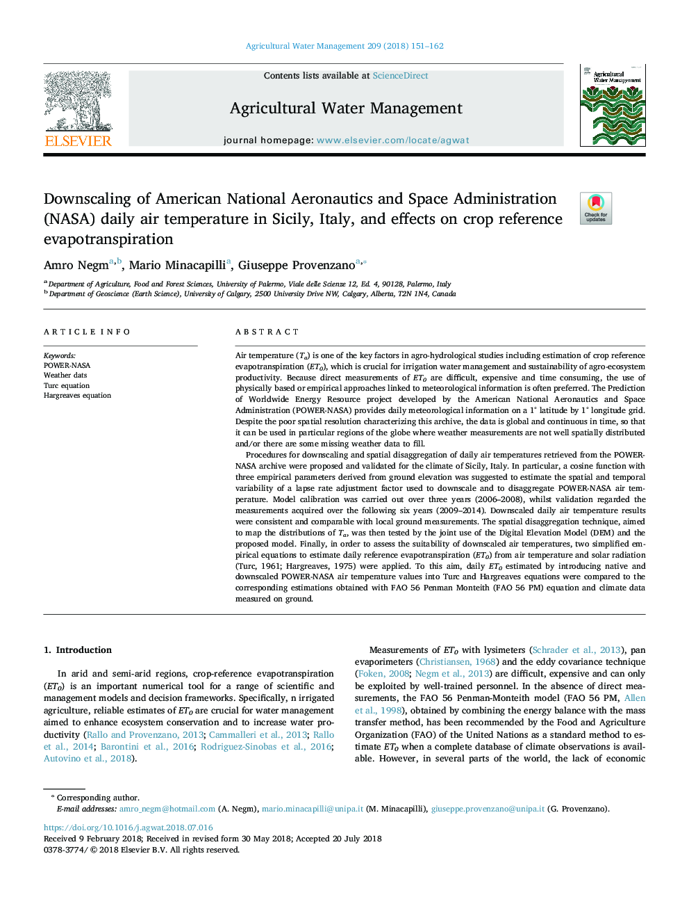 عکس صفحه اول مقاله: Downscaling of American National Aeronautics and Space Administration (NASA) daily air temperature in Sicily, Italy, and effects on crop reference evapotranspiration Downscaling of American National Aeronautics and Space Administration (NASA) daily air temperature in Sicily, Italy, and effects on crop reference evapotranspiration