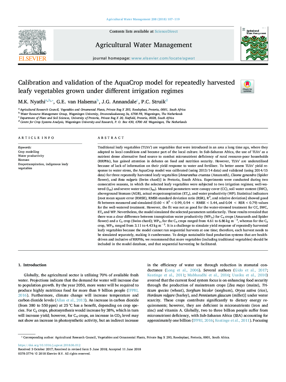 Calibration and validation of the AquaCrop model for repeatedly harvested leafy vegetables grown under different irrigation regimes