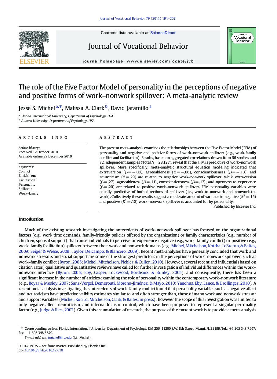 The role of the Five Factor Model of personality in the perceptions of negative and positive forms of work–nonwork spillover: A meta-analytic review