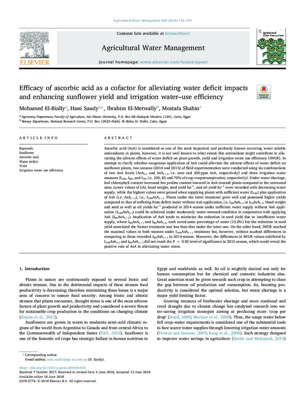 Efficacy of ascorbic acid as a cofactor for alleviating water deficit impacts and enhancing sunflower yield and irrigation water-use efficiency