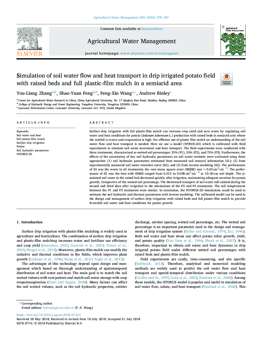 Simulation of soil water flow and heat transport in drip irrigated potato field with raised beds and full plastic-film mulch in a semiarid area