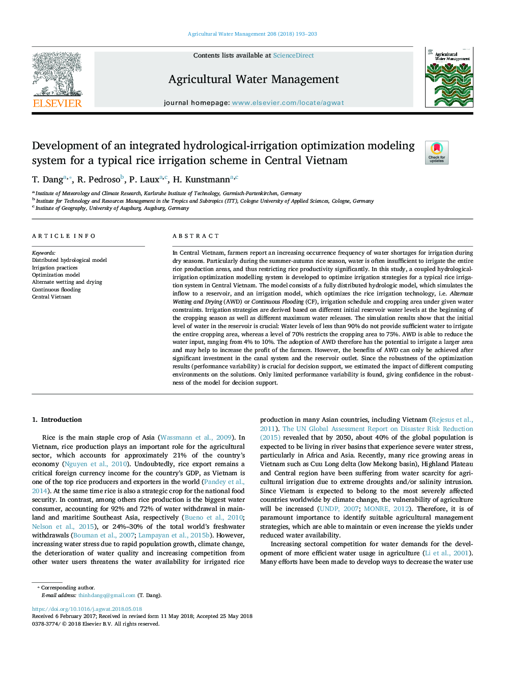 Development of an integrated hydrological-irrigation optimization modeling system for a typical rice irrigation scheme in Central Vietnam