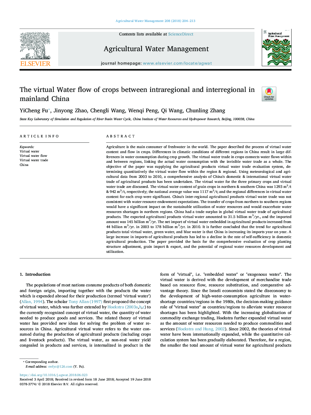 The virtual Water flow of crops between intraregional and interregional in mainland China