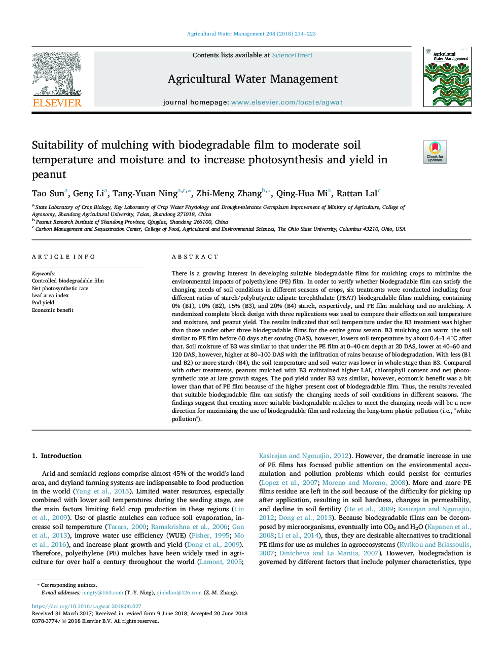 Suitability of mulching with biodegradable film to moderate soil temperature and moisture and to increase photosynthesis and yield in peanut