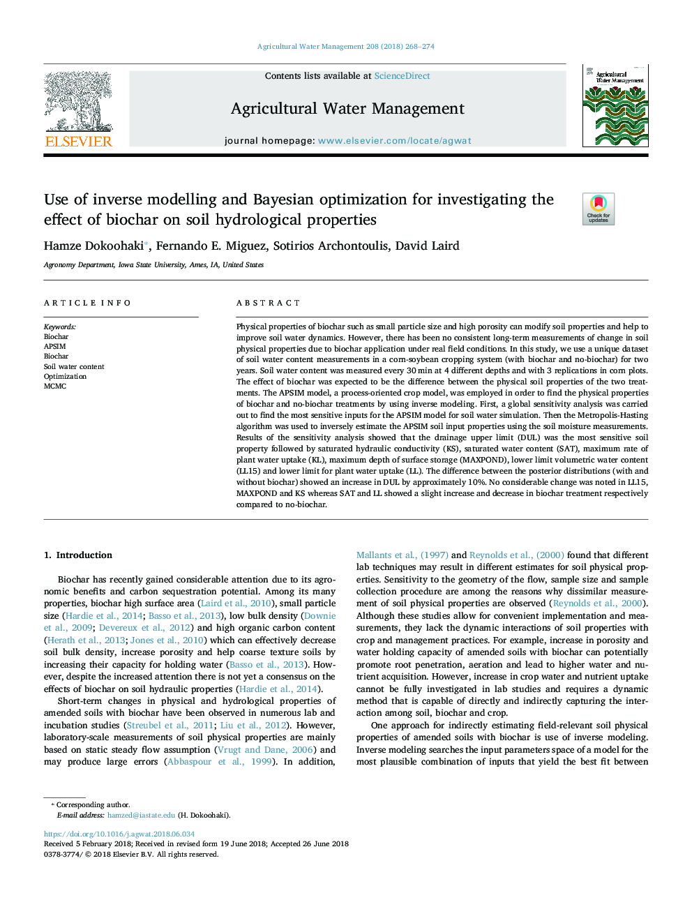 Use of inverse modelling and Bayesian optimization for investigating the effect of biochar on soil hydrological properties