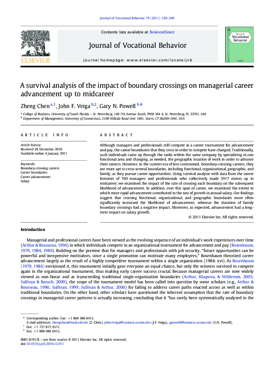 A survival analysis of the impact of boundary crossings on managerial career advancement up to midcareer