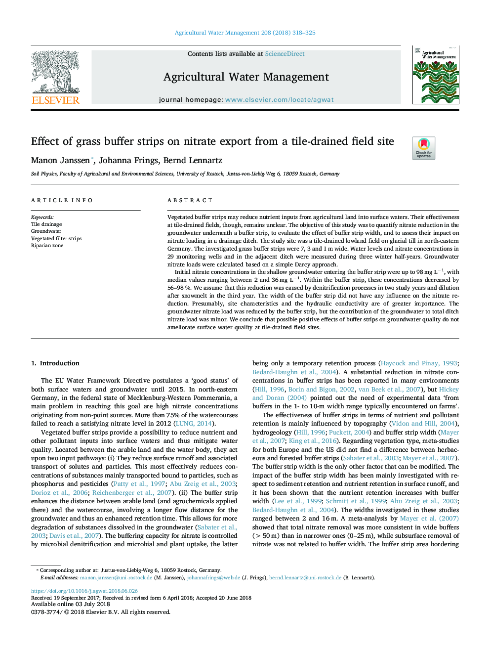 Effect of grass buffer strips on nitrate export from a tile-drained field site