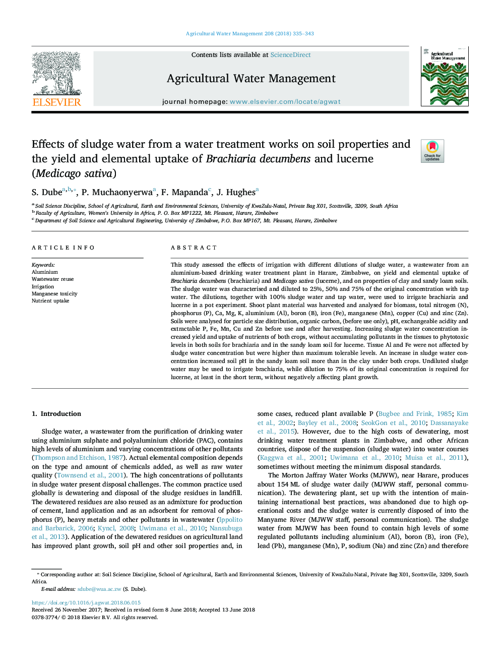 Effects of sludge water from a water treatment works on soil properties and the yield and elemental uptake of Brachiaria decumbens and lucerne (Medicago sativa)