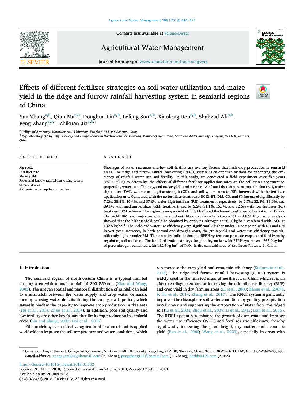 Effects of different fertilizer strategies on soil water utilization and maize yield in the ridge and furrow rainfall harvesting system in semiarid regions of China