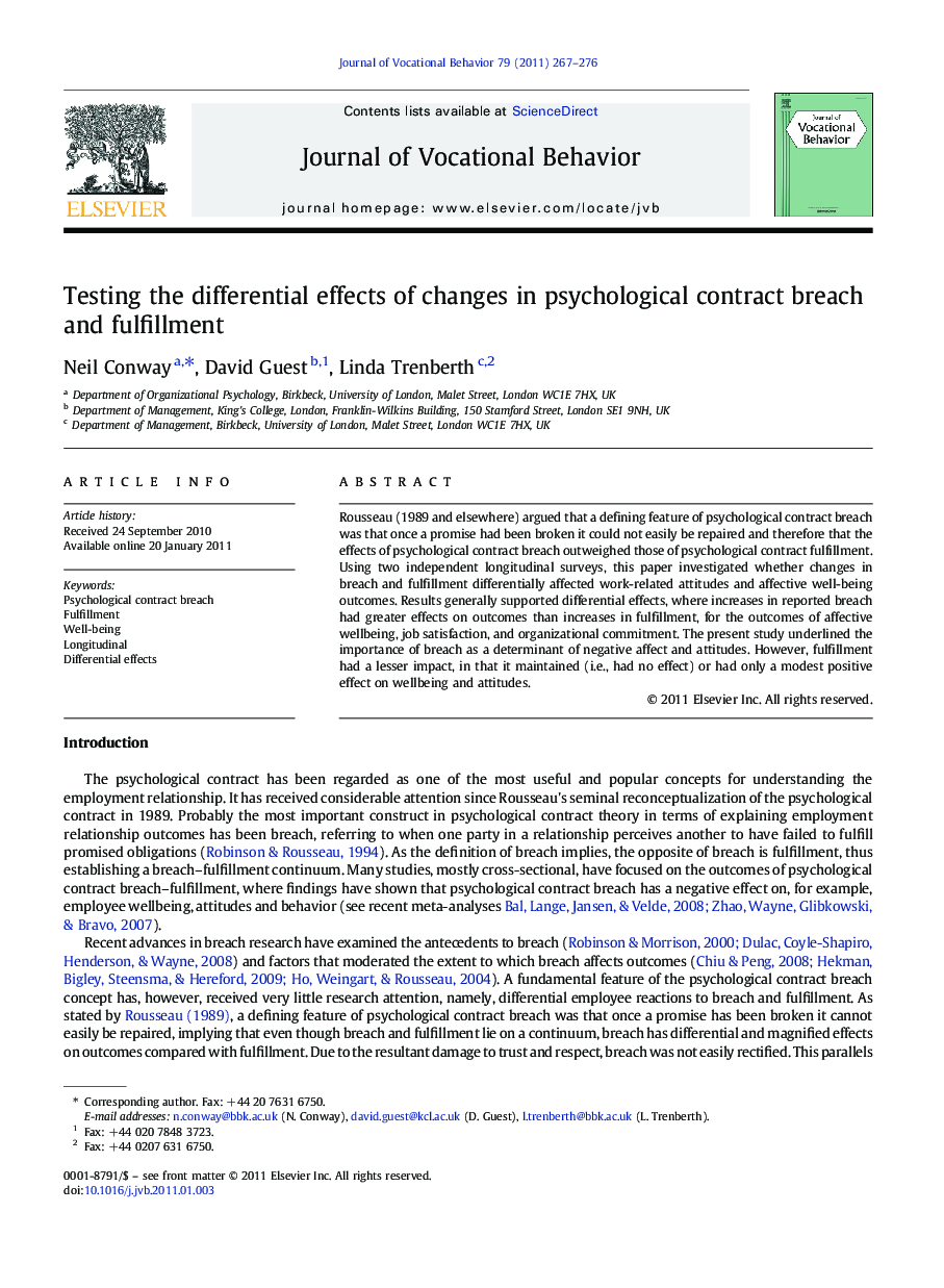 Testing the differential effects of changes in psychological contract breach and fulfillment