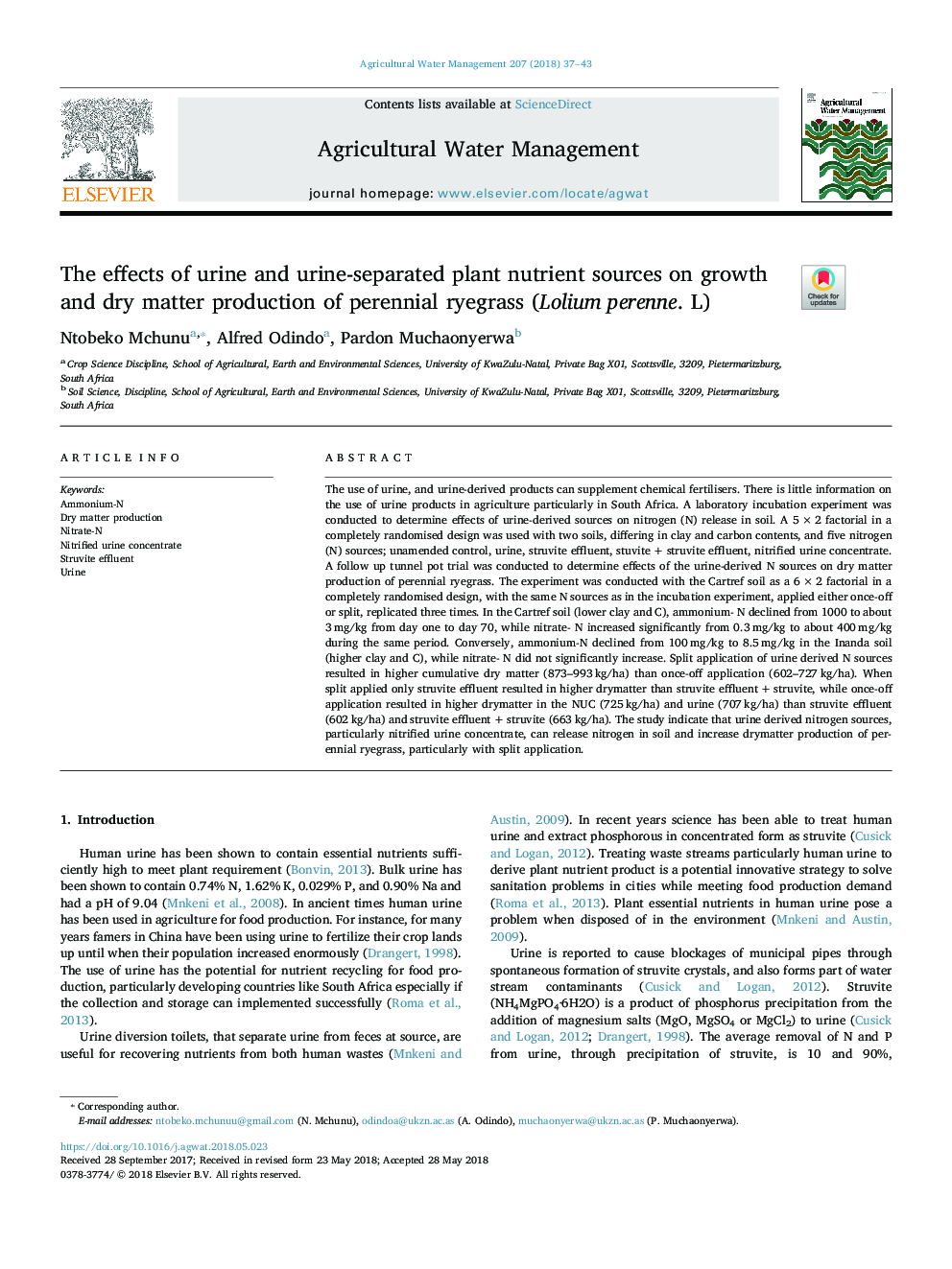 The effects of urine and urine-separated plant nutrient sources on growth and dry matter production of perennial ryegrass (Lolium perenne. L)