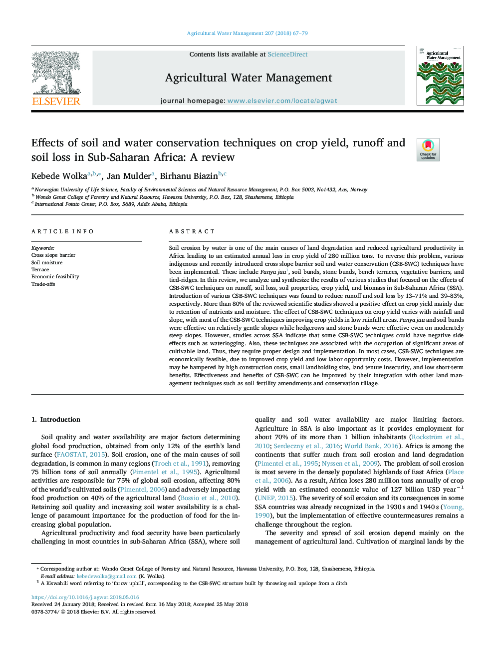 Effects of soil and water conservation techniques on crop yield, runoff and soil loss in Sub-Saharan Africa: A review