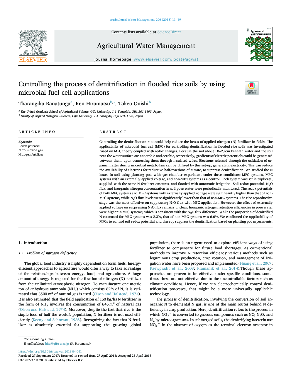 Controlling the process of denitrification in flooded rice soils by using microbial fuel cell applications