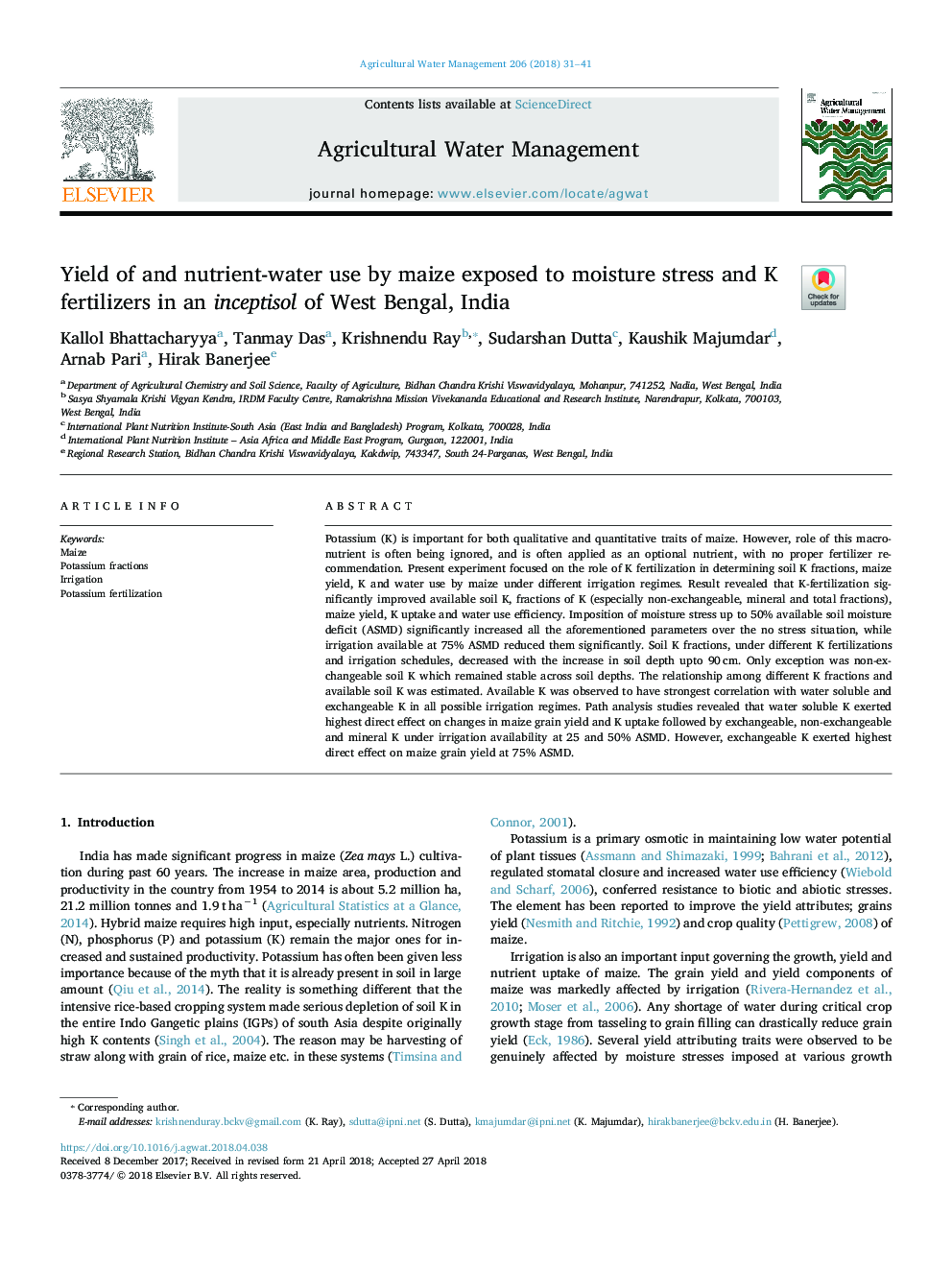 Yield of and nutrient-water use by maize exposed to moisture stress and K fertilizers in an inceptisol of West Bengal, India