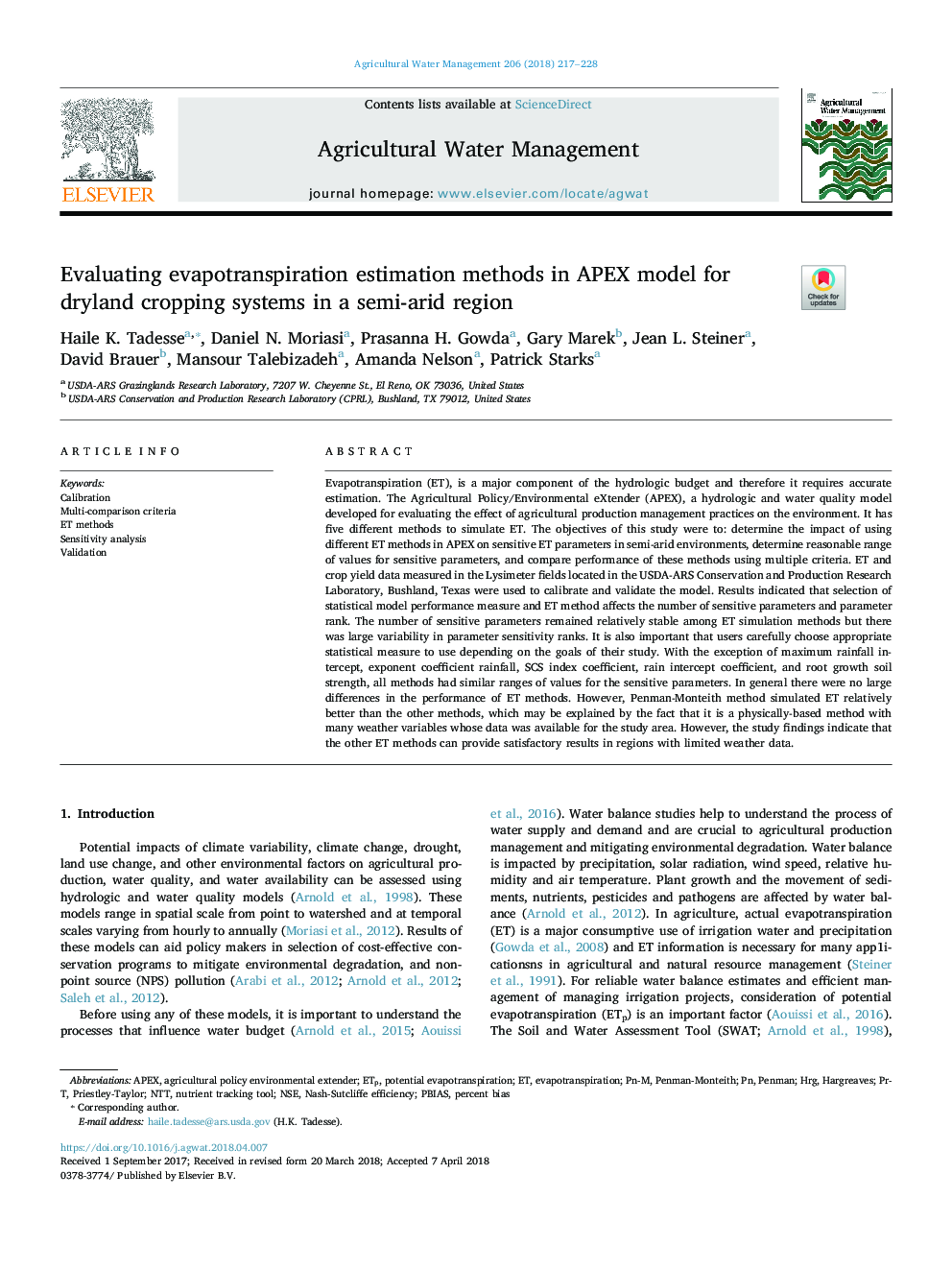 Evaluating evapotranspiration estimation methods in APEX model for dryland cropping systems in a semi-arid region