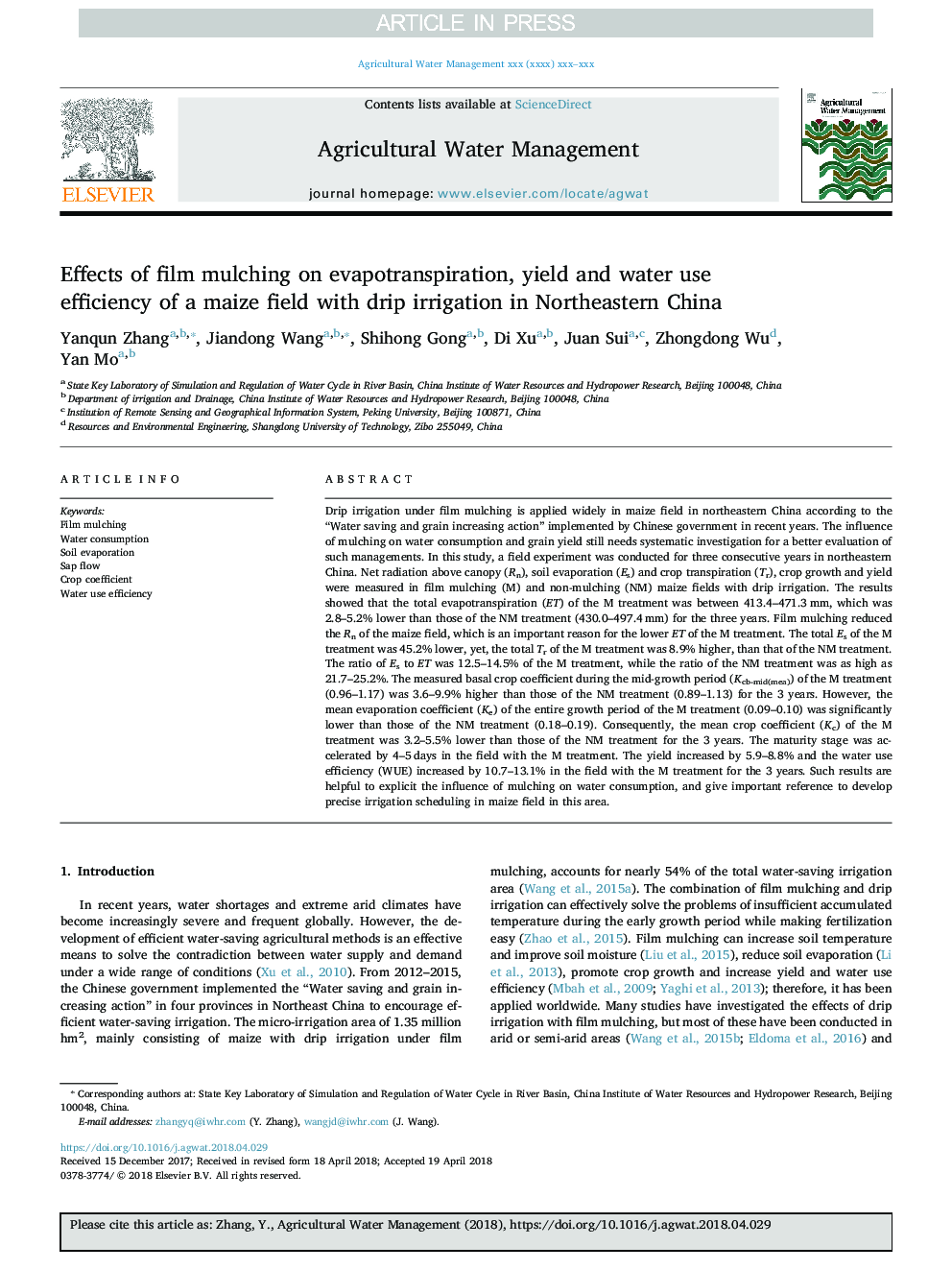 Effects of film mulching on evapotranspiration, yield and water use efficiency of a maize field with drip irrigation in Northeastern China