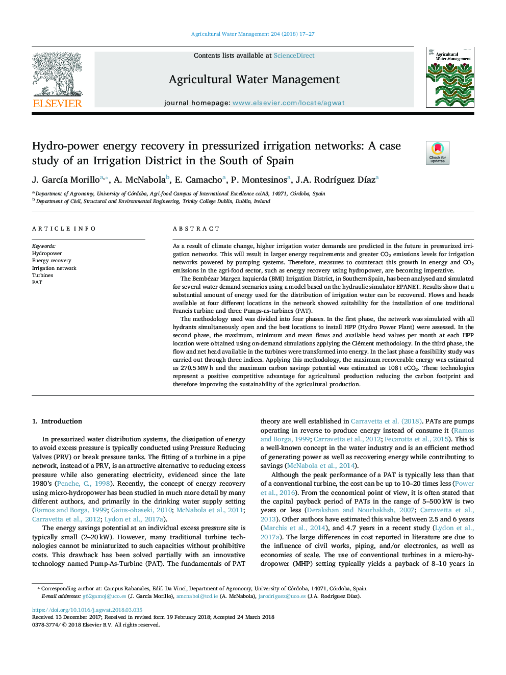 بازیابی انرژی هیدرولیکی در شبکه های آبیاری تحت فشار: مطالعه موردی منطقه آبیاری در جنوب اسپانیا 