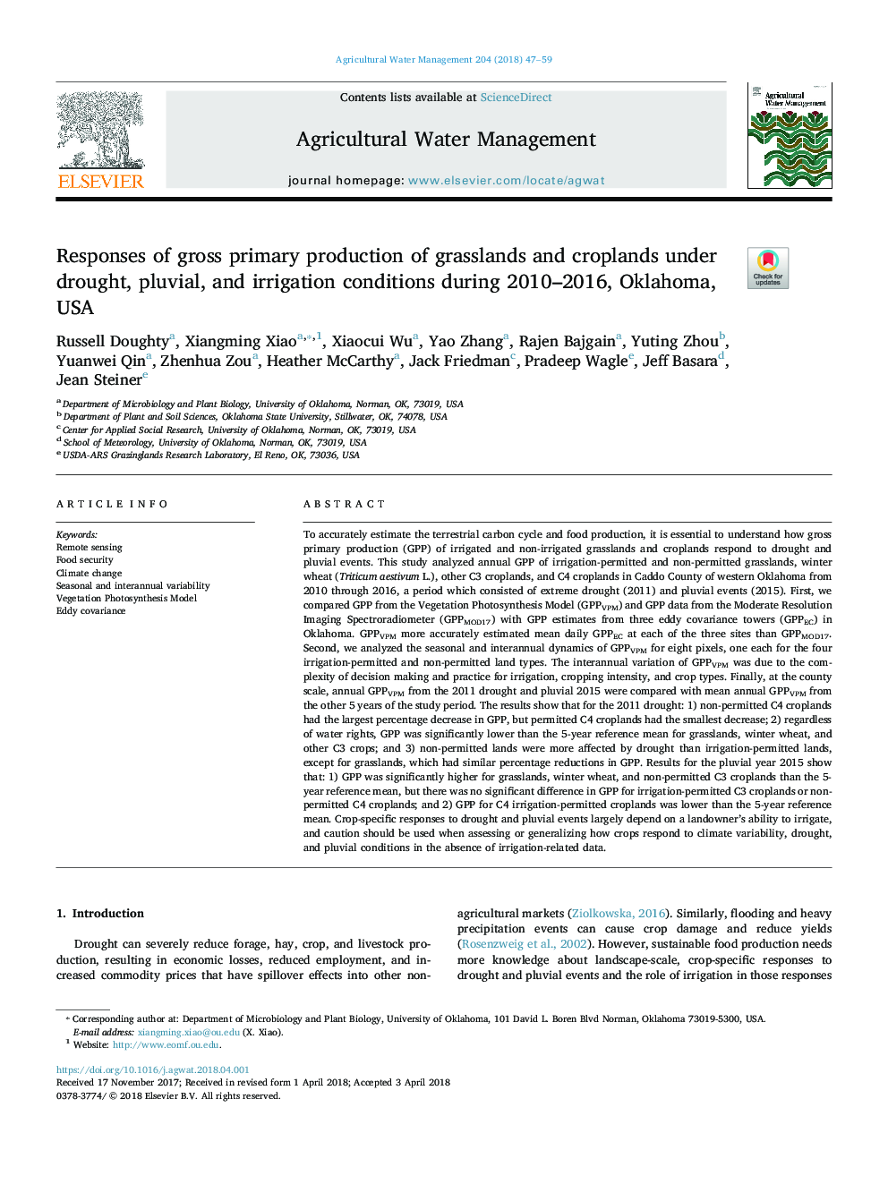 Responses of gross primary production of grasslands and croplands under drought, pluvial, and irrigation conditions during 2010-2016, Oklahoma, USA