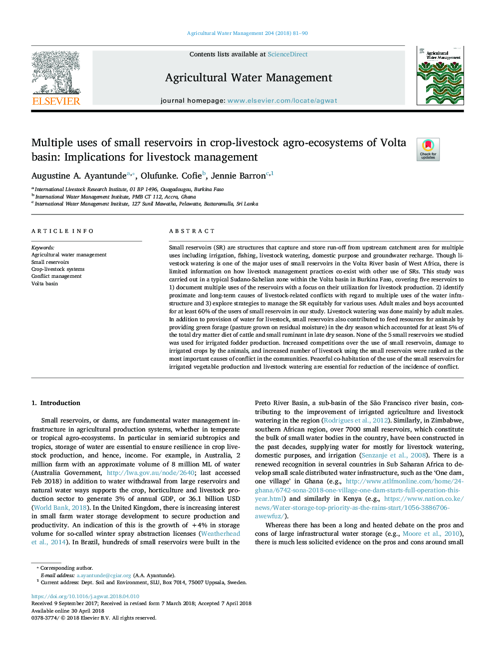 Multiple uses of small reservoirs in crop-livestock agro-ecosystems of Volta basin: Implications for livestock management