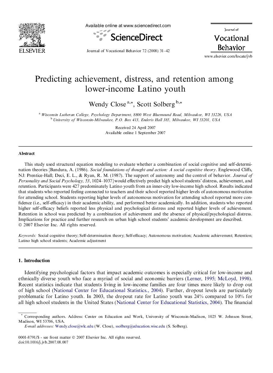 Predicting achievement, distress, and retention among lower-income Latino youth