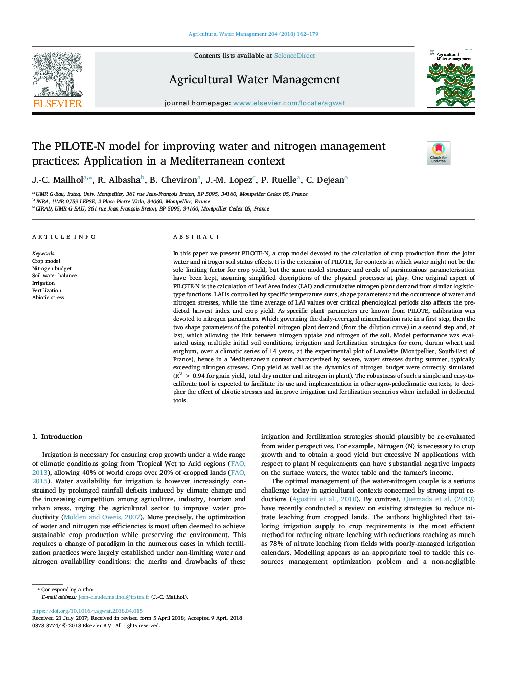 The PILOTE-N model for improving water and nitrogen management practices: Application in a Mediterranean context