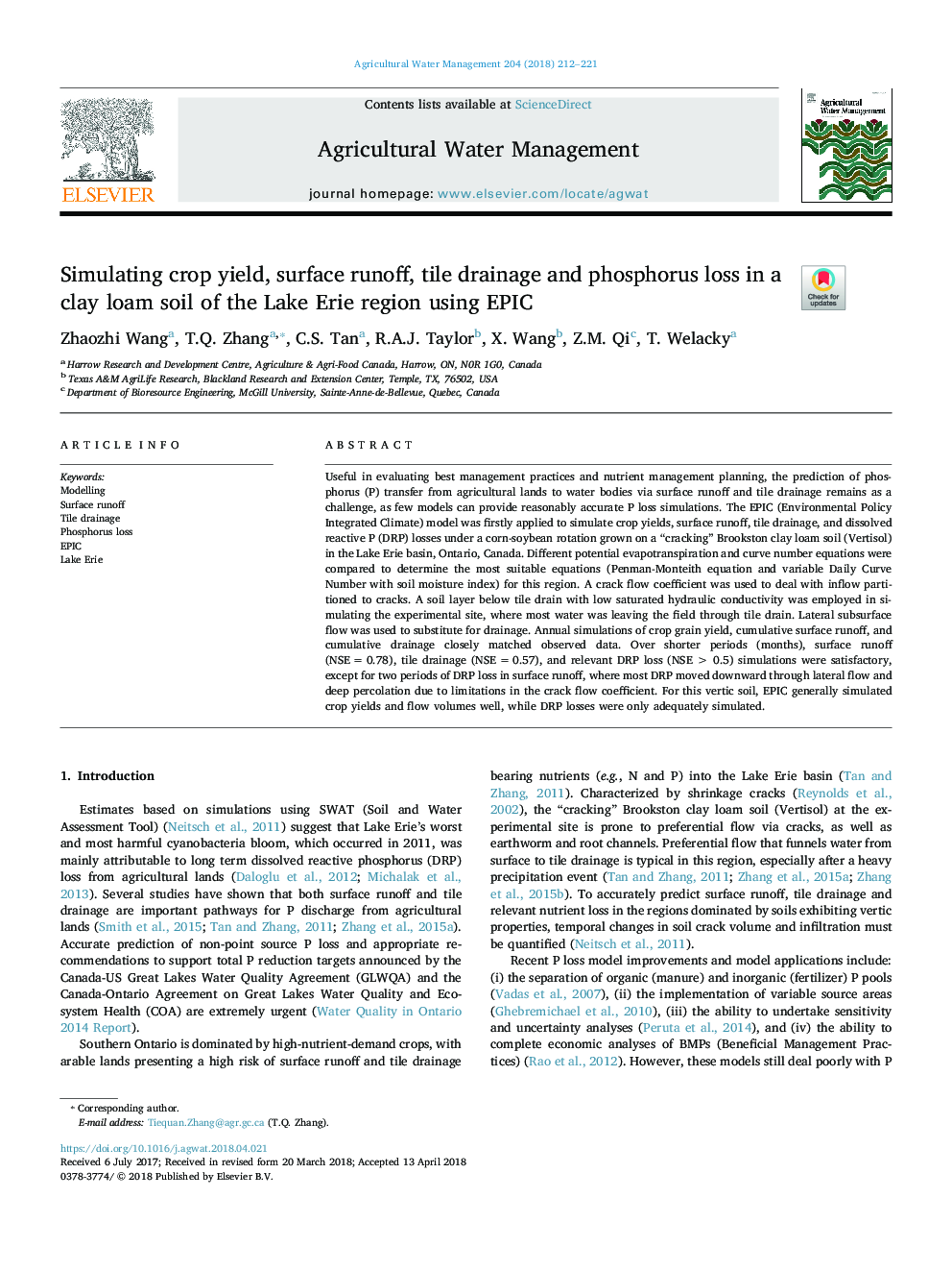 Simulating crop yield, surface runoff, tile drainage and phosphorus loss in a clay loam soil of the Lake Erie region using EPIC