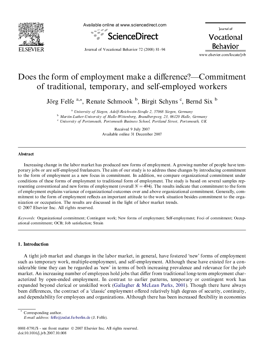 Does the form of employment make a difference?—Commitment of traditional, temporary, and self-employed workers