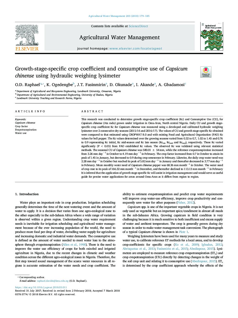 عکس صفحه اول مقاله: Growth-stage-specific crop coefficient and consumptive use of Capsicum chinense using hydraulic weighing lysimeter Growth-stage-specific crop coefficient and consumptive use of Capsicum chinense using hydraulic weighing lysimeter