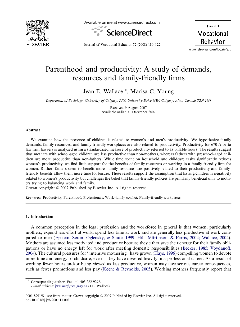 Parenthood and productivity: A study of demands, resources and family-friendly firms